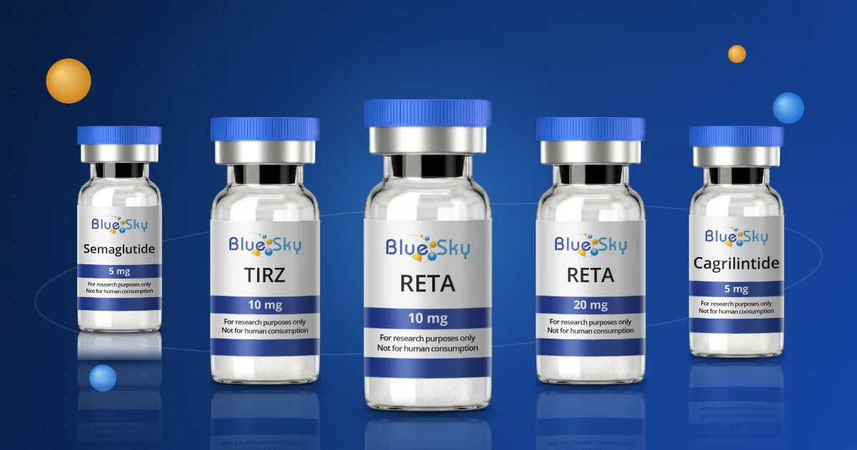 GLP-1 peptides for sale at Blue Sky Peptide: retatrutide, tirzepatide and semaglutide vials