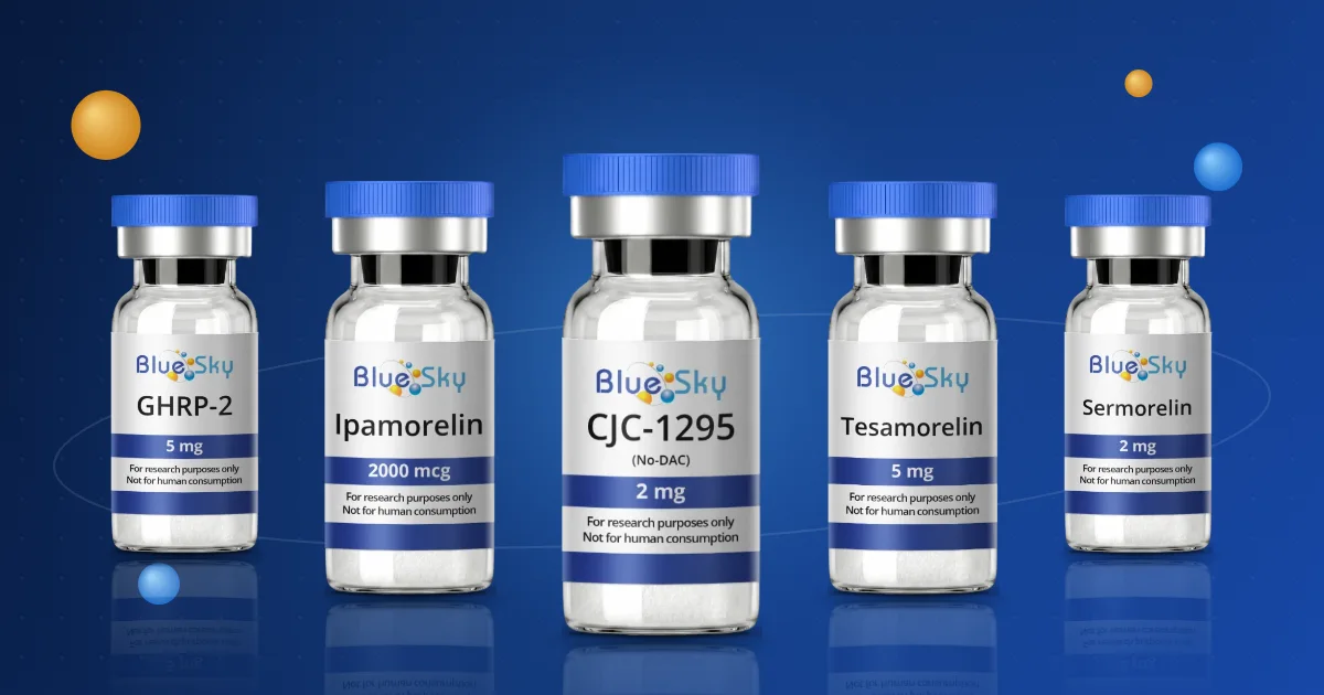 Wholesale research peptides from Blue Sky Peptide: CJC-1295, ipamorelin, tesamorelin and GHRP-2 vials